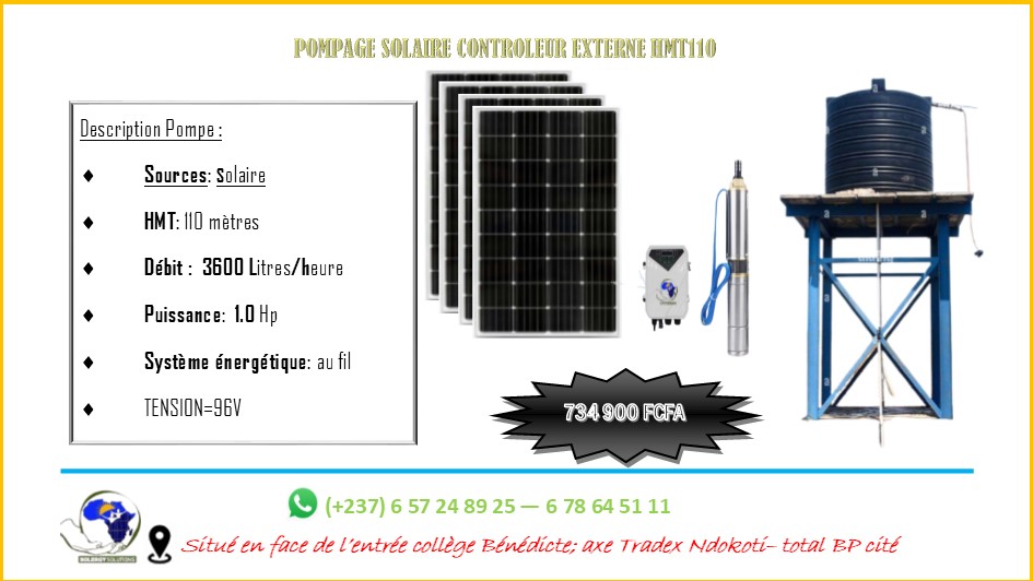 Pompe solaire + système énergétique 110 mètres 3600 litres par heures